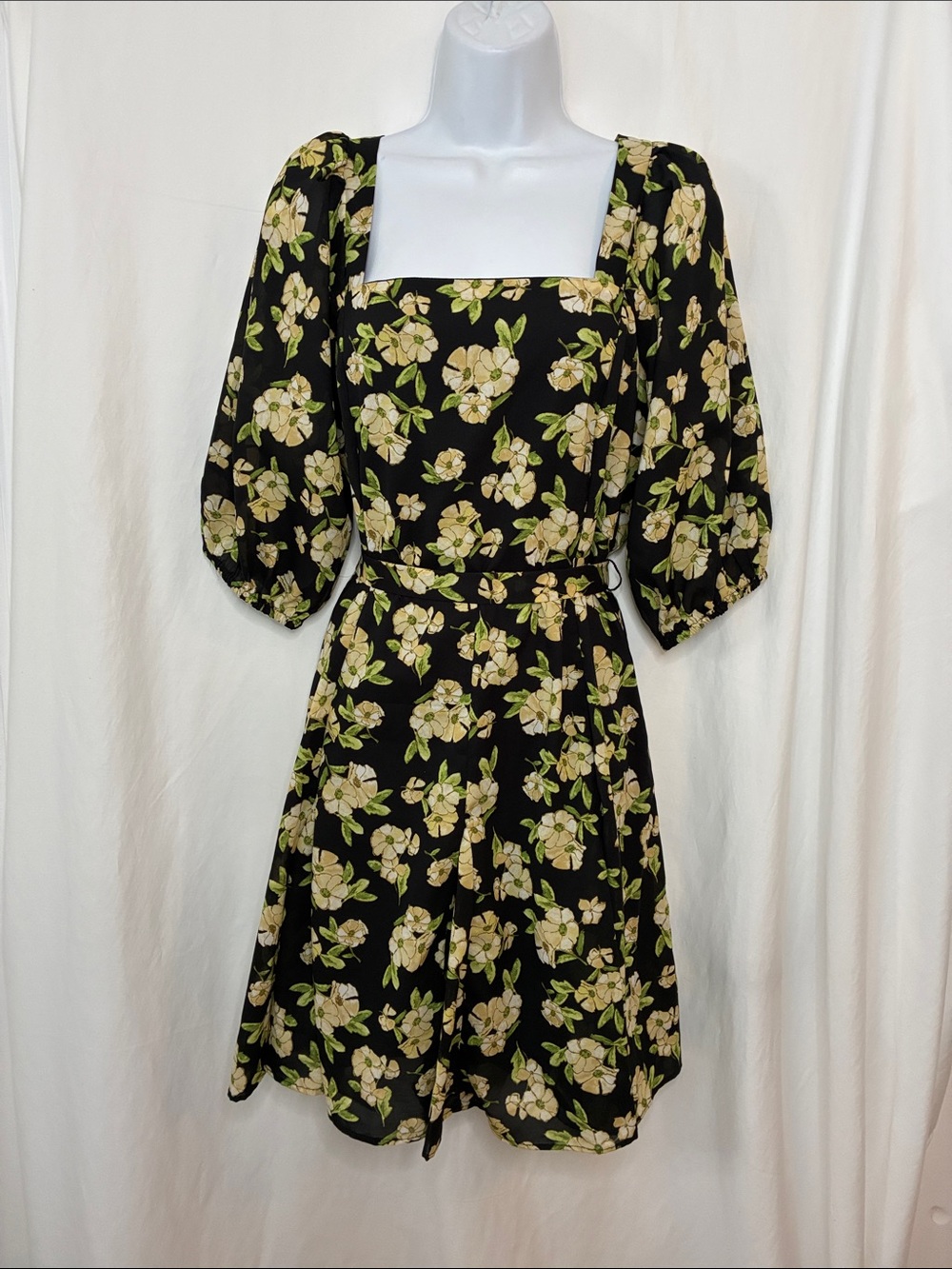 Maison Tara Black Mini Dress with Cream Floral Print